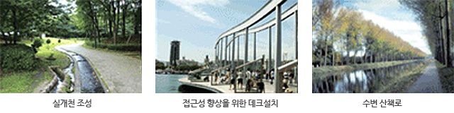 실개천 조성, 접근성 향상을 위한 데크설치, 수변 산책로